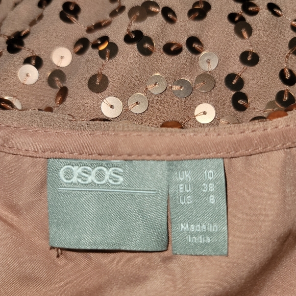 ASOS Design Copper Scatter Sequin Dress Cape Back High Low Hem Size 6 - Picture 15 of 16